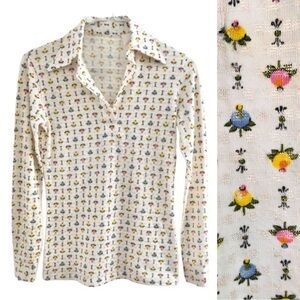 Vintage 70s Dagger Collar Floral Cottagecore Pointelle Knit Tunic Shirt Top XS/S
